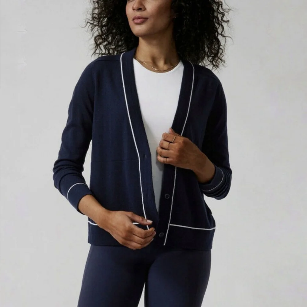 Athleta Lightweight Cardigan sweater navy blue white women's size medium